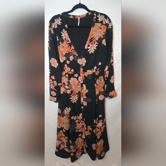 Free People Miranda Floral Printed Black Whimsigoth Boho Midi Dress Women's 12 - Picture 2 of 9